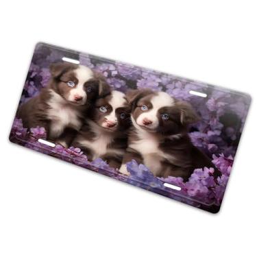 Imagem de Capa para placa de carro multicolorida Three King Dog Flowers - Etiqueta artística de alumínio, à prova de ferrugem, design exclusivo - 15 x 30 cm