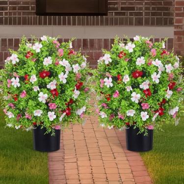 Imagem de Yuxung Pacote com 2 árvores de bola de topiária artificial de 55 cm com flores protegidas contra raios UV, vasos de plantas artificiais com vaso de cimento, arbustos artificiais para jardim frontal