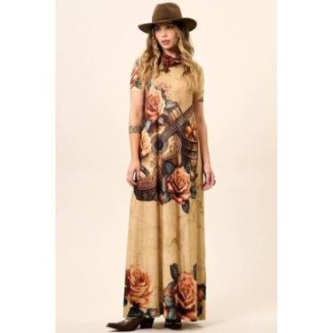 Imagem de Vestido Longo De Mangas Curtas Marrom Claro Estampa De Violão Yacamim E15-Feminino