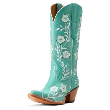 Imagem de ARIAT Botas casuais femininas românticas com bordado floral, bico fino, cano médio, 5 a 7,6 cm, branca, Turquesa natural, 40
