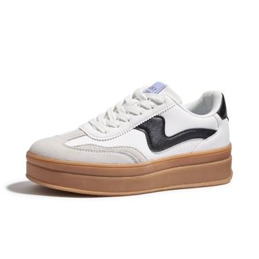 Imagem de LUCKY STEP Tênis feminino moderno plataforma sola grossa camurça couro sintético clássico borracha sola de goma cano baixo casual sapatos de caminhada, Branco/preto, 40