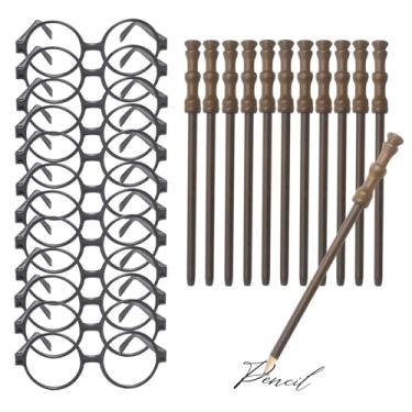 Imagem de Wizard Theme Party Favors - Wand Pencils,Wizard Glasses with Round Frame No Lenses,Lightning Bolt Scar Temporary Tattoo for Magic Birthday/School Party Supplies ,Halloween Decor,12pcs each(36pcs all)