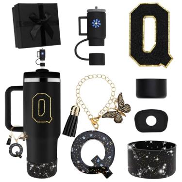 Imagem de Miglaja Acessórios pretos para copos Stanley 850.5 g 1,134.0 g, todos os acessórios caixa de presente contêm topo de palha de flor, bota de silicone, adesivos de letras e pingentes, conjunto de tampa