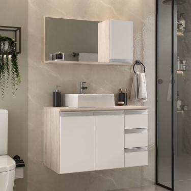 Imagem de Conjunto Gabinete Banheiro Prisma 80cm Gabinete + Cuba + Espelheira Madeirado Branco