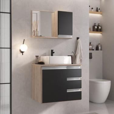 Imagem de Conjunto Gabinete Banheiro Prisma 60cm Gabinete + Cuba + Espelheira Com Vidro Madeirado Preto