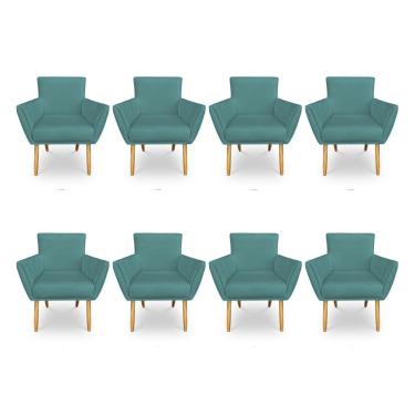 Imagem de Kit 8 Poltronas Decorativa Leticia Suede Azul Turquesa Pés Palito Castanho - Pallazio