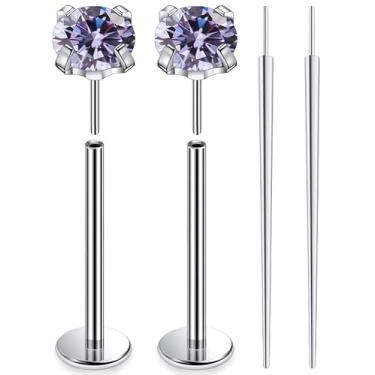 Imagem de Ruifan ASTM F136 titânio bochecha piercing barra joias sem rosca push in flat back língua anéis roxo zircônia cúbica sólido titânio labret piercing corporal joias para mulheres homens 14G 14 mm
