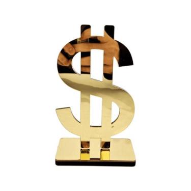 Imagem de Enfeite Decorativo Cifrão Acrílico Espelhado Dourado Dinheiro Sala Esc