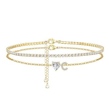 Imagem de CIOMY Tornozeleiras femininas com inicial dourada banhada a ouro 14 K, coração de zircônia cúbica, tornozeleiras femininas à prova d'água com letras ajustáveis em camadas, tornozeleira grande, verão