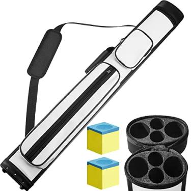 Imagem de Deekin 2 x 2 tacos de sinuca ovais rígidos estojo de transporte de bilhar acessórios de mesa de sinuca estojo de taco de bilhar estojo de taco de bilhar estojos de taco de bilhar 4 furos PU sacos de tacos de sinuca com 2 peças cubos de giz de piscina (branco)