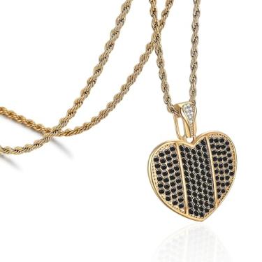 Imagem de ROWIN&CO Corrente de coração para mulheres e homens, pingente de coração vermelho e preto dourado gelado com 20 correntes de 61 cm, joia hipoalergênica de hip hop, presente para ele e ela, 24 inch