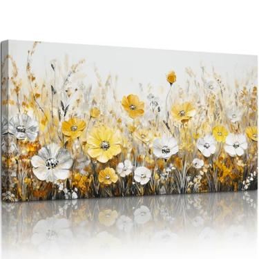 Imagem de SERIMINO Arte de parede grande de flores silvestres, impressões de arte floral industrial moderna em ouro e prata, pinturas em tela de campo de flores rústicas, imagens vintage para decoração de sala