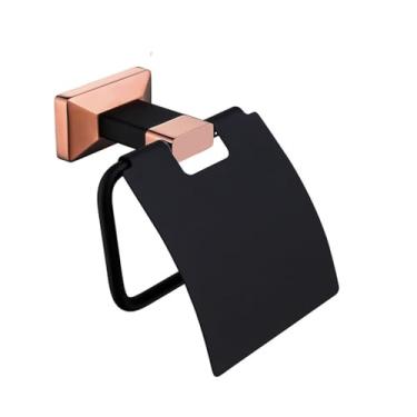 Imagem de Conjunto de banheiro preto e dourado rosa - Suporte para escova de vaso sanitário de cerâmica com suporte para papel higiênico de metal, ganchos para roupão e suporte para papel higiênico