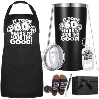 Imagem de Dandat 6 peças, presentes de aniversário de 60 anos para homens, 590 ml, avental de copo de aço inoxidável, várias ferramentas, caneta, meias, chaveiro com caixa de presente, presente de aniversário