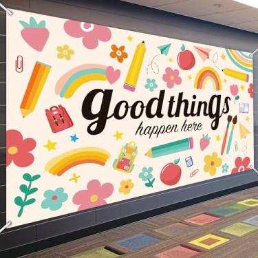 Imagem de Decoração inspiradora Boho grande para sala de aula Mural de parede de volta às aulas Good Thing Happen Here Pano de fundo motivacional quadro de avisos decoração de sala de aula adereços de cabine de