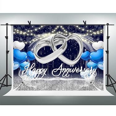 Imagem de FHZON Blue Happy Anniversary White Blue Love Heart Balloons Backdrop Silver Dripping Cheers to Wedding Anniversary Fotografia Fundo Cena Festa Fundo Toalha de mesa de bolo 3 x 2 m