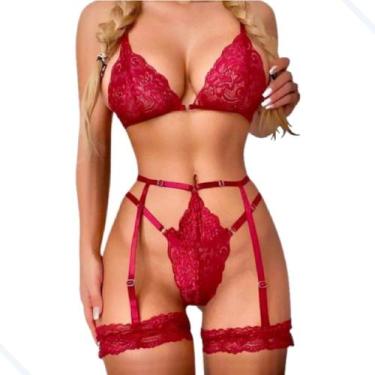 Imagem de Lingerie Feminina Sexy Renda Com Cinta Liga Sensual Completo - Aunika 