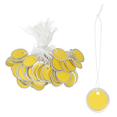 Imagem de PATIKIL Etiquetas de chave de aro de metal de 3,5 cm, pacote com 100 etiquetas de papel redondas em branco, chaveiros graváveis, identificadores com cordão atado para porta de carro, gaveta, chaveiro