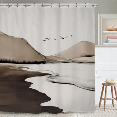 Imagem de Yookeb Cortina de chuveiro abstrata marrom praia montanha banheiro 152 x 188 centímetros moderna minimalista meados do século estética neutra 12 ganchos de plástico à prova d'água decoração