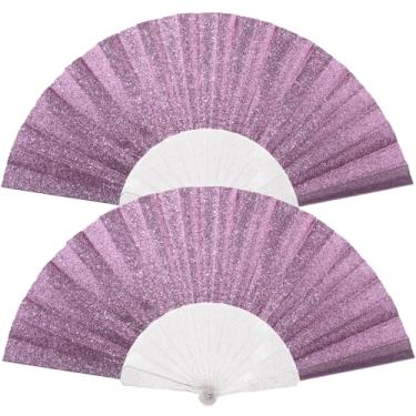Imagem de Pacote com 2 leques de mão femininos com glitter com nervuras transparentes brilhantes – Ideal para casamento, igreja, festival, dança, festa de formatura, clube e acessórios EDM, roxo
