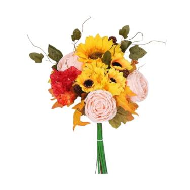 Imagem de ESSMOKO Castelos e folhas de plantas de girassol simulados, decoração de casa, ramo de rosas simulado, folhas de ácer