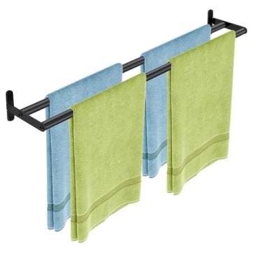 Imagem de Toalheiro duplo, toalheiro de 81 cm para banheiro, suporte de toalha de banheiro de aço inoxidável, toalheiro montado na parede, varão de toalha, preto fosco