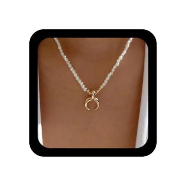 Imagem de Ximdble Colar vintage com pingente de lua crescente, boho e pérola, colar de chifre de ouro, colar de pérola, colar de corrente de lua fina, joia feminina