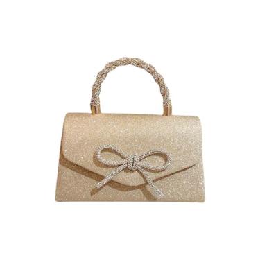 Imagem de QWINEE Bolsa feminina com laço para noite, bolsa de mão brilhante para festa de casamento, bolsas de formatura com strass e glitter, Ouro claro, One Size