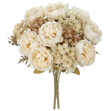 Imagem de Hollyone Flor de peônia de hortênsia de seda artificial com haste longa, arranjos de flores brancas falsas de outono, buquês de casamento, decoração de mesa floral de plástico, para casa, cozinha