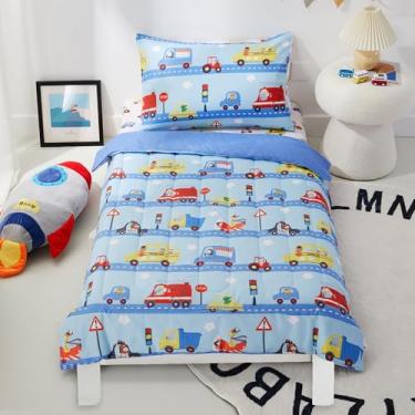 Imagem de PINNKKU Jogo de cama infantil de 4 peças, inclui 1 lençol de cima, 1 lençol com elástico, 1 edredom e 1 fronha reversível, edredom e jogo de cama infantil padrão, ultramacio, carros e estrada