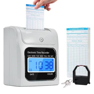 Imagem de Relógios de ponto de funcionários para pequenas empresas, máquina perfuradora de relógio de ponto de alinhamento automático com cartões de ponto de 50 peças, duas chaves de segurança e um cartucho de