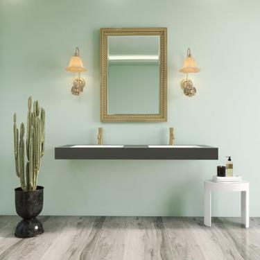 Imagem de HIGEINE Pia de banheiro de superfície sólida de resina de pedra atualizada de 159 x 48 cm - pias de vaso montadas na parede ou bancada, orifício duplo retangular externo preto interno branco, bacia