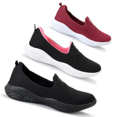 Imagem de Kit 3 Sapatilha Feminina Ortopédica Calce Fácil Sem Cadarço Leve Confortável (Preto Rosa/Preto/Bordo, BR, Adulto, Numérico, 36)