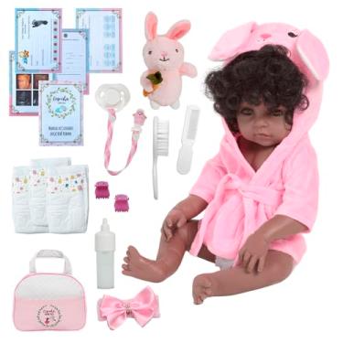 Imagem de Boneca Reborn Bebê Realista Negra Roupão Coelho Com Bolsa