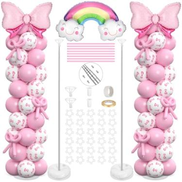 Imagem de 2 conjuntos de kit de suporte de coluna de balão com tema de arco rosa ajustável, pilar de torre de balão com desenho animado arco-íris rosa branco balões de látex para festa de aniversário de circo