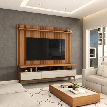 Imagem de Rack com Painel para TV Até 72 Polegadas Ripado Urban 3 Gavetas Off White/Freijó - Panorama Móveis