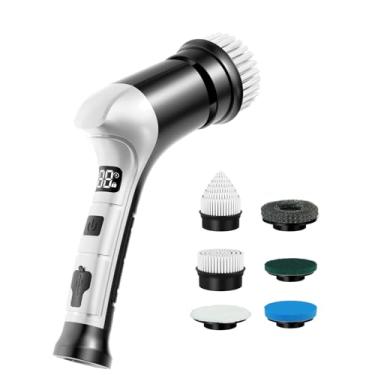 Imagem de Esfregador giratório elétrico, escova de limpeza doméstica sem fio com 6 cabeças substituíveis, 3 velocidades, visor de LED, esfregão portátil leve para limpeza de fogão/tigela/pia/canto/azulejo