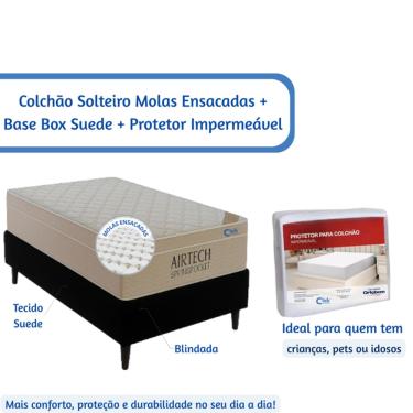 Imagem de Kit Colchão Ortobom Solteiro - Largura Menor - Molas Ensacadas + Base Box Blindada Suede 78x188 + Capa Protetora