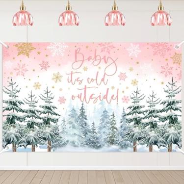 Imagem de Avezano Pano de fundo de chá de bebê de inverno Baby It's Cold Outside Party Decorações de pinheiro flocos de neve fundo fotográfico azul e prata Gênero Neutro Pano de fundo rosa, 1,8 x 1,1 m