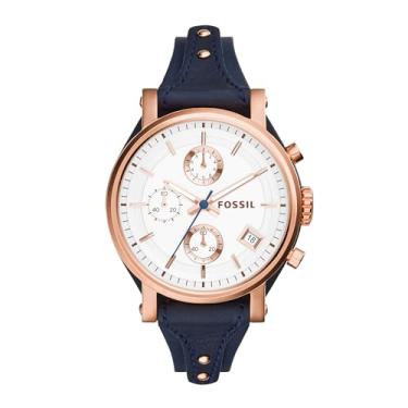 Imagem de Fossil Relógio feminino original Boyfriend com mostrador de cronógrafo e pulseira de couro genuíno, Ouro rosa, azul, One Size, Relógio Boyfriend Original