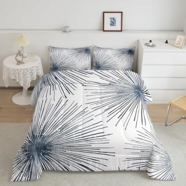 Imagem de Feelyou Conjunto de edredom solteiro azul e branco, arte abstrata, para meninos, meninas, adolescentes, floral, respirável, geométrico, moderno, listrado, conjunto de colcha