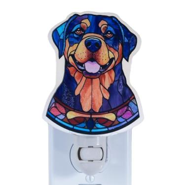 Imagem de VOUWOWOX Luz noturna em forma de cachorro Rottweiler – Design de recorte estilo vitral – Luz noturna de parede com plugue vertical – Presente para amantes de cães – Lâmpada incluída