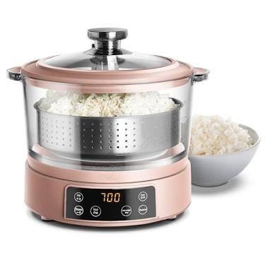 Imagem de Cozinhar com panela de arroz de vidro inteligente multifuncional colorida de 8 xícaras, com cesta de elevação automática, cozimento com baixo teor de amido, panela quente e vapor, potência ajustável