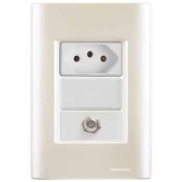 Imagem de Cj Tomadas 10A e TV SAT Coaxial Giz Pérola Tramontina completo pronto 