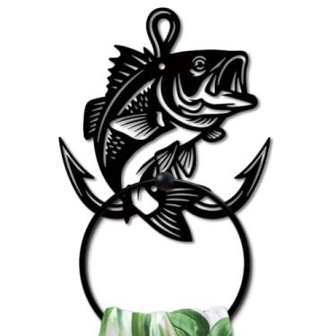 Imagem de MAYJOYDIY Peixes e anzóis anel de toalha de metal estilo pesca cenário suporte de toalha animais aquáticos anel de toalha de banho preto arte toalheiro para banheiro cozinha toalha cabide decoração