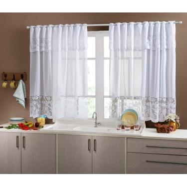 Imagem de Cortina de Renda Para Cozinha Toda Branca de Varão Simples Desenho Folhagens 2,50m x 1,20m (Branca - Tulipas)