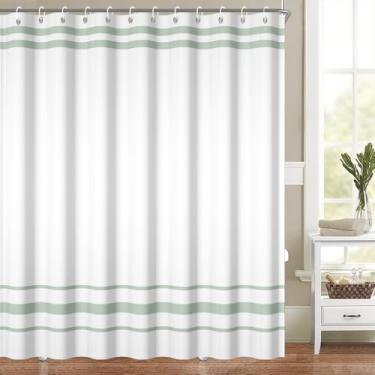 Imagem de Cortina de chuveiro listrada verde sálvia para banheiro, moderna, abstrata, minimalista, branca, verde, conjunto de cortinas de banho de fazenda, lavável na máquina, tecido de poliéster impermeável
