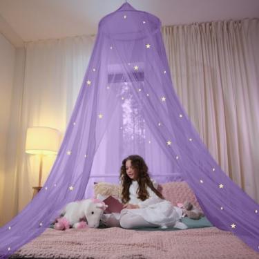 Imagem de Cobertor de cama roxo para cama de meninas - Decoração de quarto de princesa, rede de teto para cobrir berço infantil | Cortinas de cama completas, tamanho duplo, tecido retardante de fogo