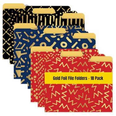 Imagem de Pastas de arquivo decorativas com folha dourada, pacote com 18, 9 designs geométricos, tema de cor vermelho/preto/azul, pesado, tamanho carta (24 x 29 cm) com aba de corte de 1/3, pastas da moda da Better Office Products