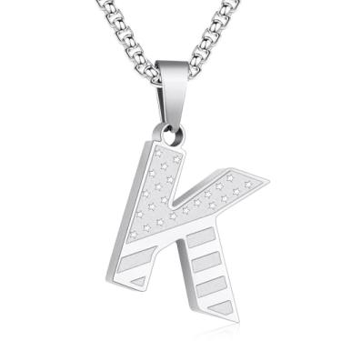 Imagem de Zocomi Colar com pingente de inicial da bandeira americana para homens e meninos, corrente de aço inoxidável 316L A-Z caixa de letras 50 + 5 cm joias presentes, Aço inoxidável, Sem Pedra Preciosa